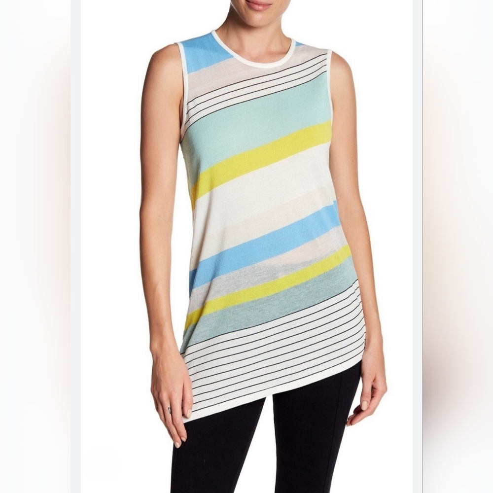 Diane Von Furstenberg Blue Yellow White Sleeveless Stripe Tunic Top L